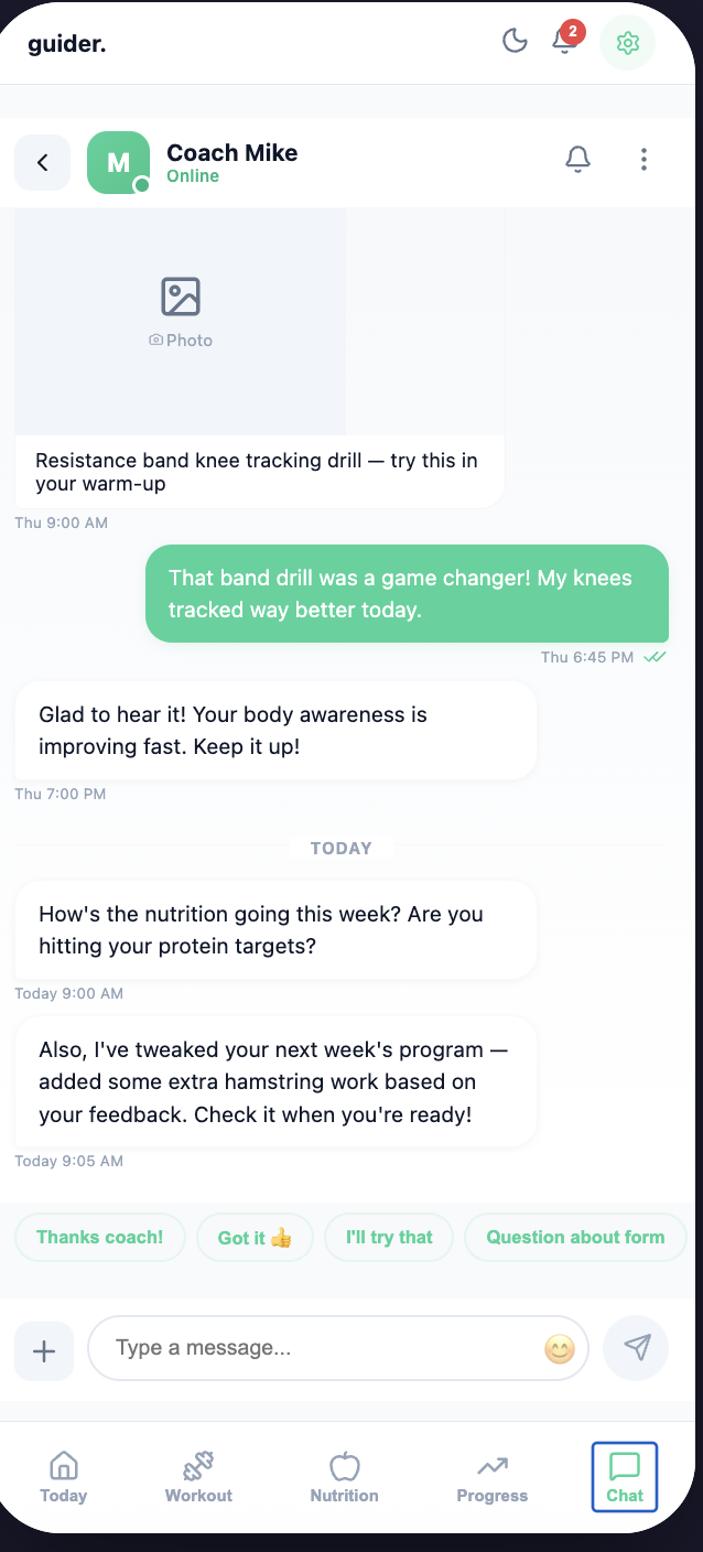 Guider in-app chat between a trainee and coach