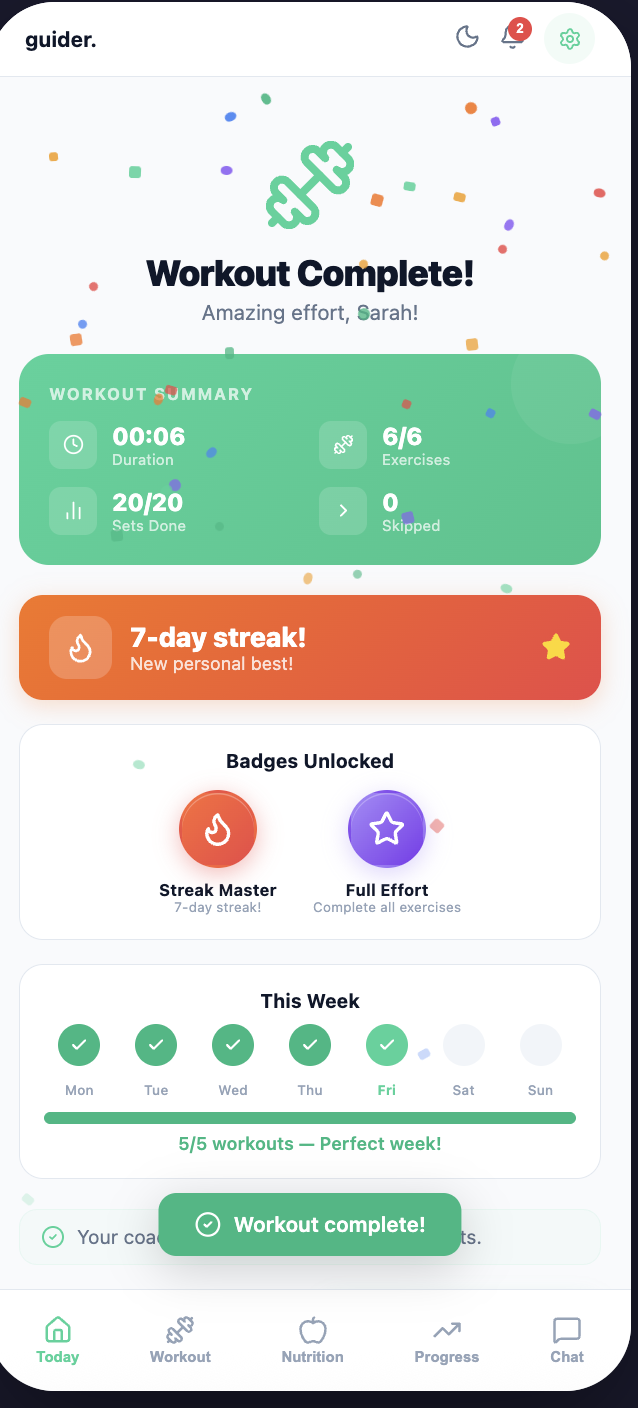 Guider workout completion screen with session summary