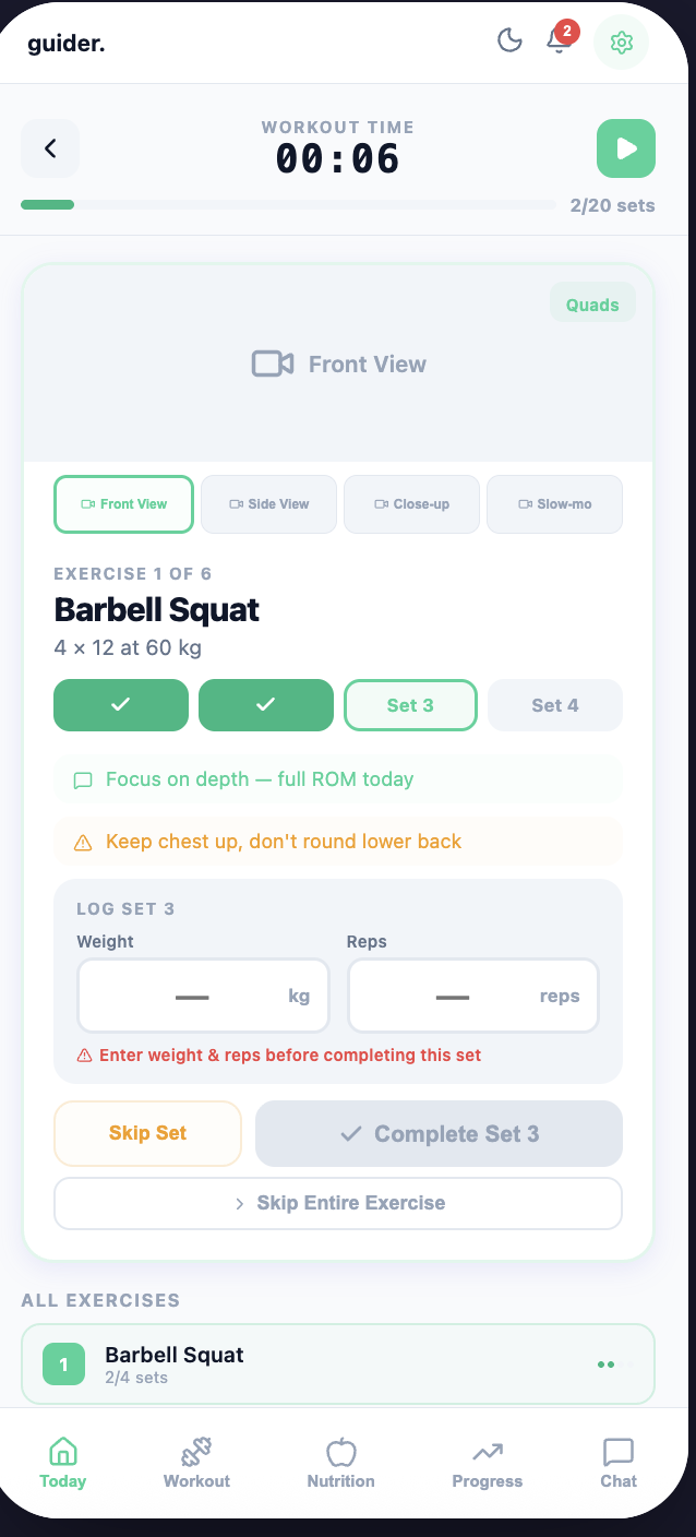 Guider workout screen for logging sets, weight and repetitions
